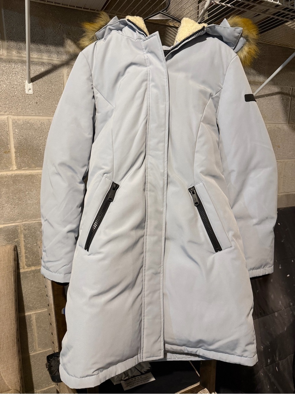 Sam Edelman Light blue Hooded Puffer Coat with Faux Fur Trim